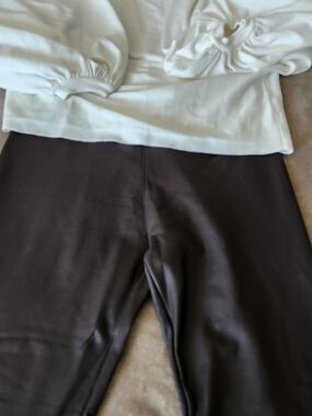 White Puff Sleeve Top with Dark Brown Faux Leather Leggings